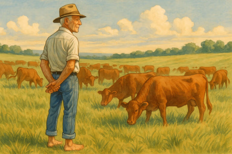 Illustration von Allan Savory barfüßig auf einer Weide mit Rindern im Holistic Management