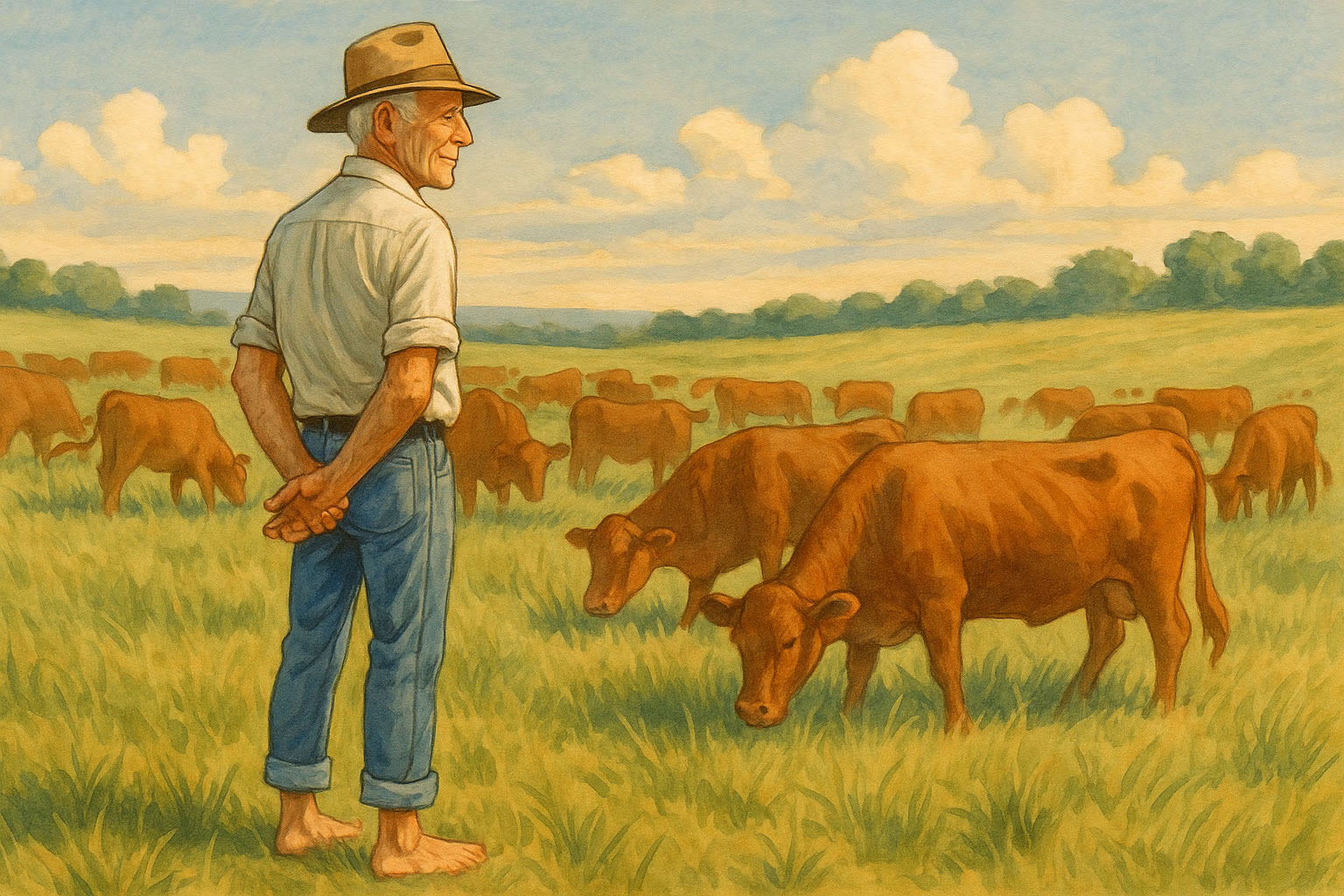 Illustration von Allan Savory barfüßig auf einer Weide mit Rindern im Holistic Management